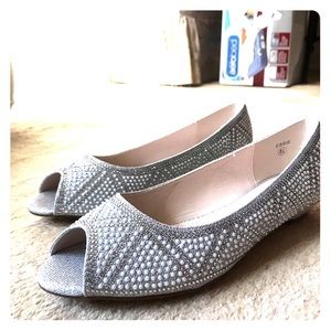 Silver rhinestone peep toe flats